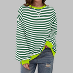Striped Sweatshirt Oversized Women's Green Navy Crew Neck – Casual, Office, Holiday Gift