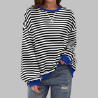 Striped Sweatshirt Oversized Women's Green Navy Crew Neck – Casual, Office, Holiday Gift