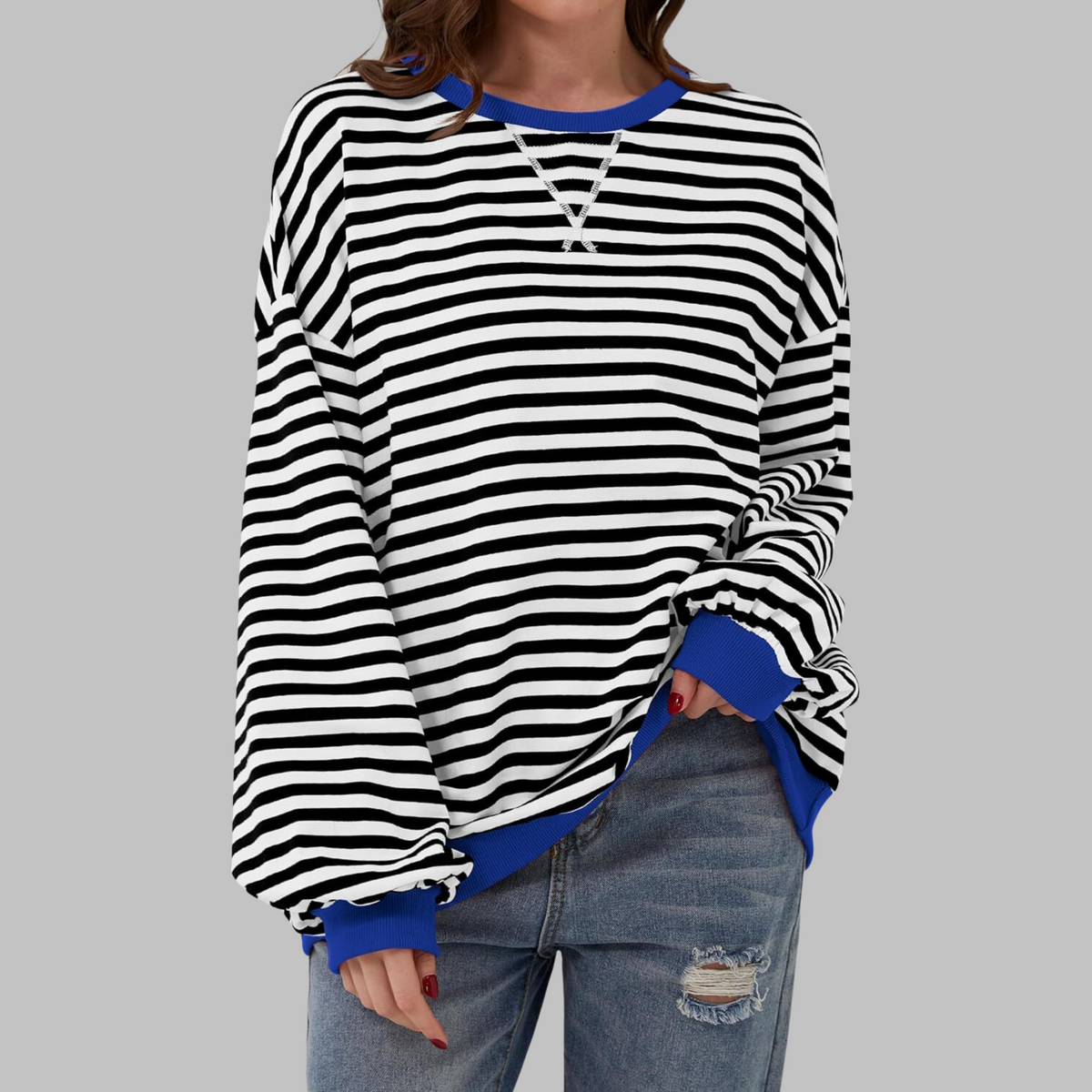 Striped Sweatshirt Oversized Women's Green Navy Crew Neck – Casual, Office, Holiday Gift