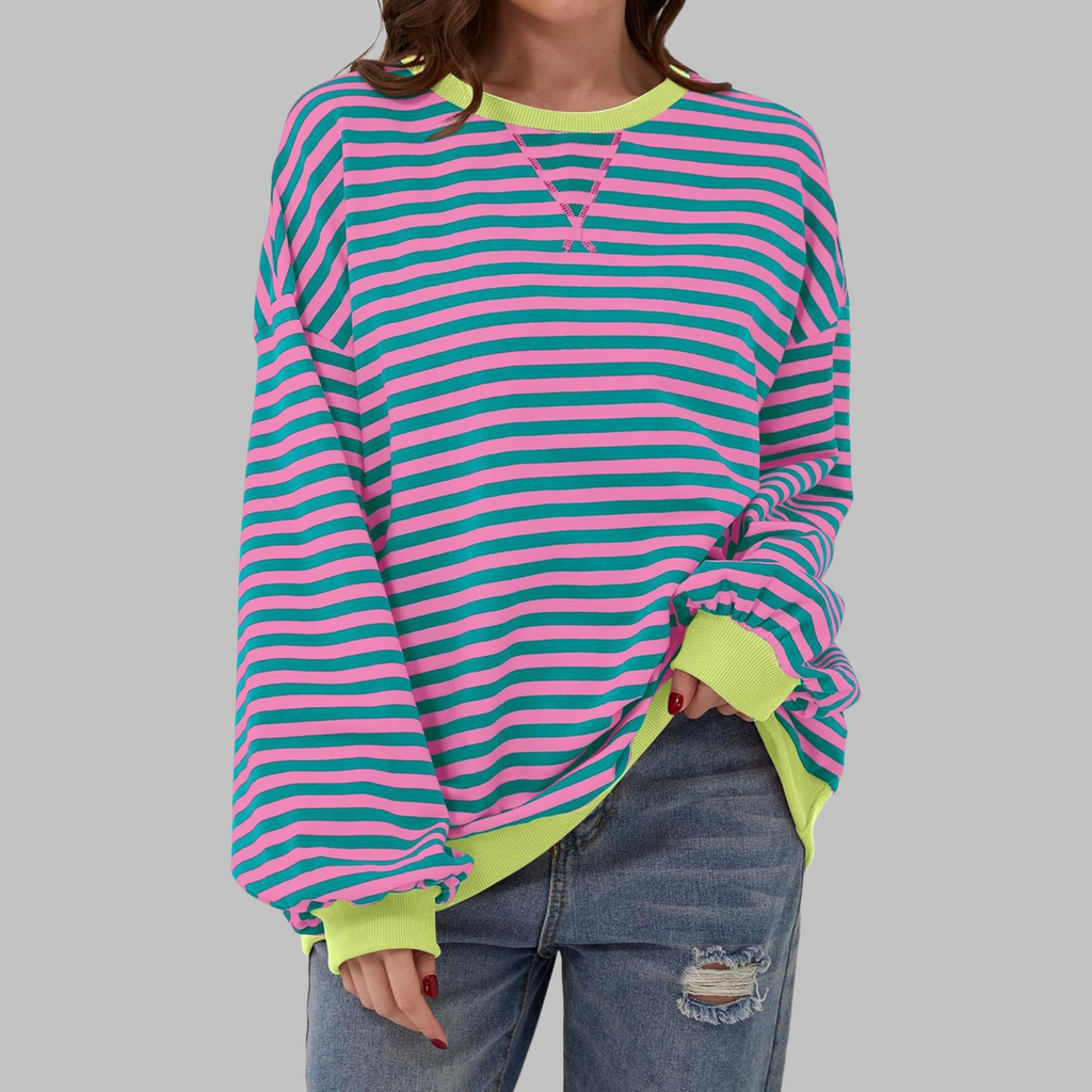 Striped Sweatshirt Oversized Women's Green Navy Crew Neck – Casual, Office, Holiday Gift