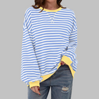 Striped Sweatshirt Oversized Women's Green Navy Crew Neck – Casual, Office, Holiday Gift