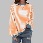 Striped Sweatshirt Oversized Women's Green Navy Crew Neck – Casual, Office, Holiday Gift