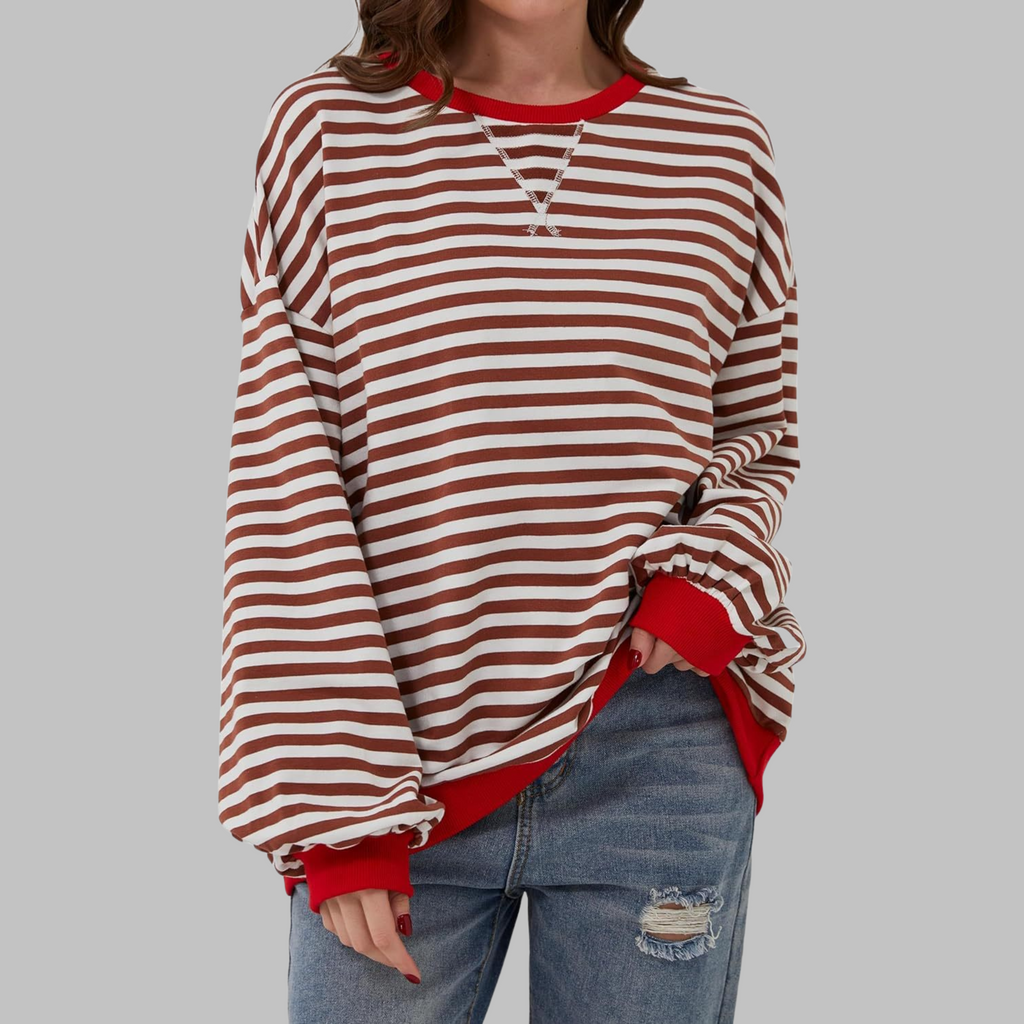 Striped Sweatshirt Oversized Women's Green Navy Crew Neck – Casual, Office, Holiday Gift
