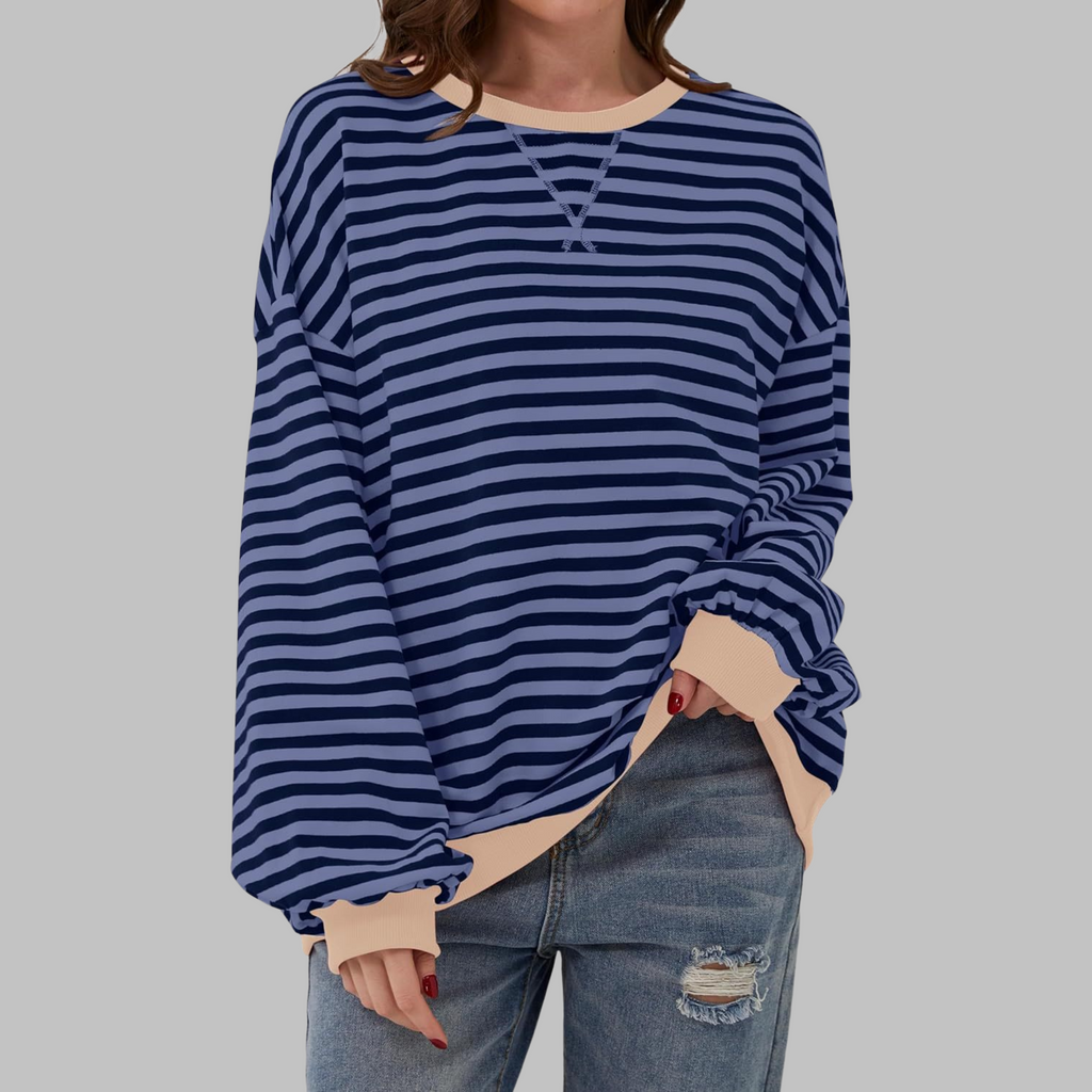 Striped Sweatshirt Oversized Women's Green Navy Crew Neck – Casual, Office, Holiday Gift