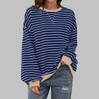 Striped Sweatshirt Oversized Women's Green Navy Crew Neck – Casual, Office, Holiday Gift
