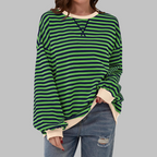Striped Sweatshirt Oversized Women's Green Navy Crew Neck – Casual, Office, Holiday Gift