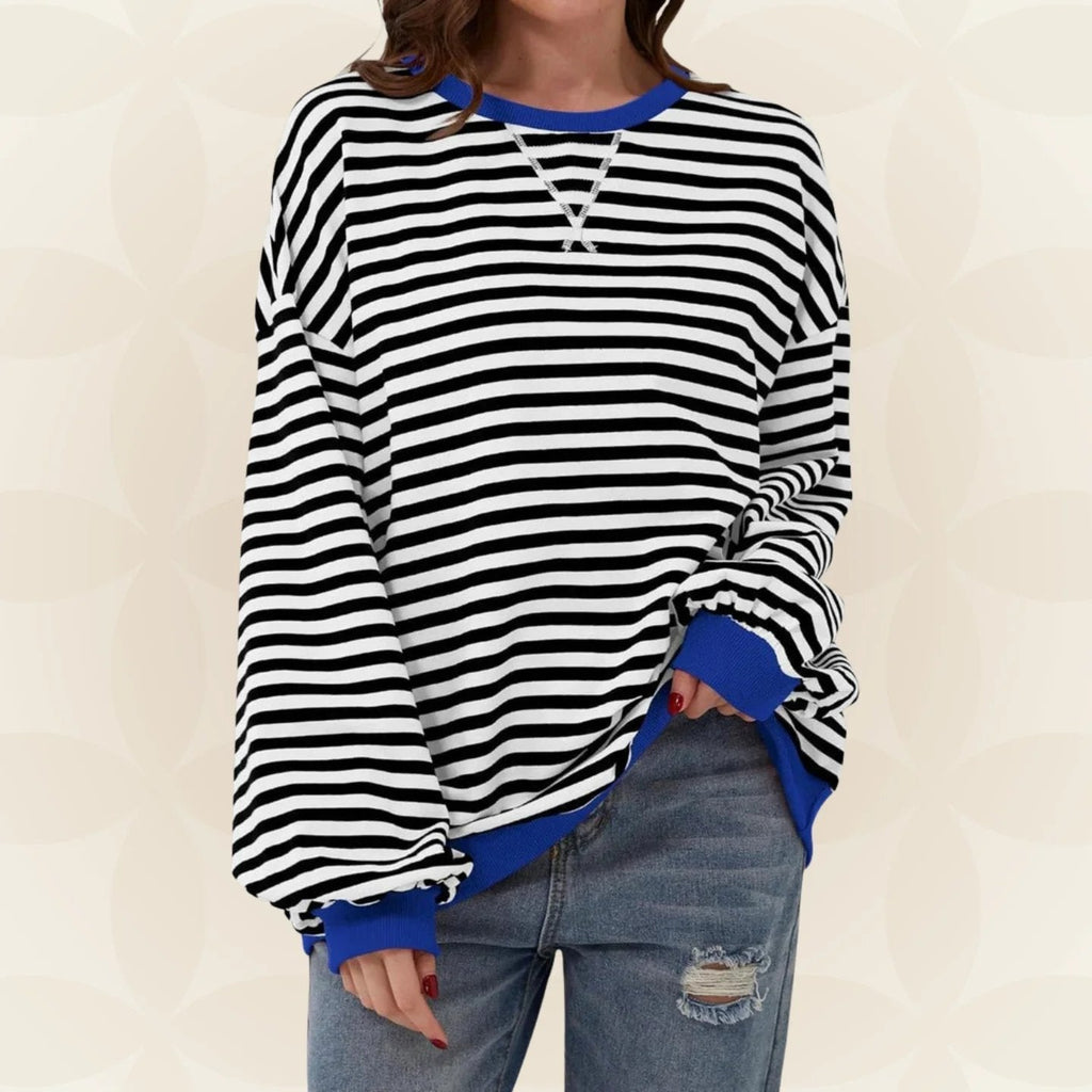 Striped Sweatshirt Women's Oversized Green Contrast Trim Crew Neck – Casual, Everyday