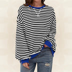 Striped Sweatshirt Women's Oversized Green Contrast Trim Crew Neck – Casual, Everyday