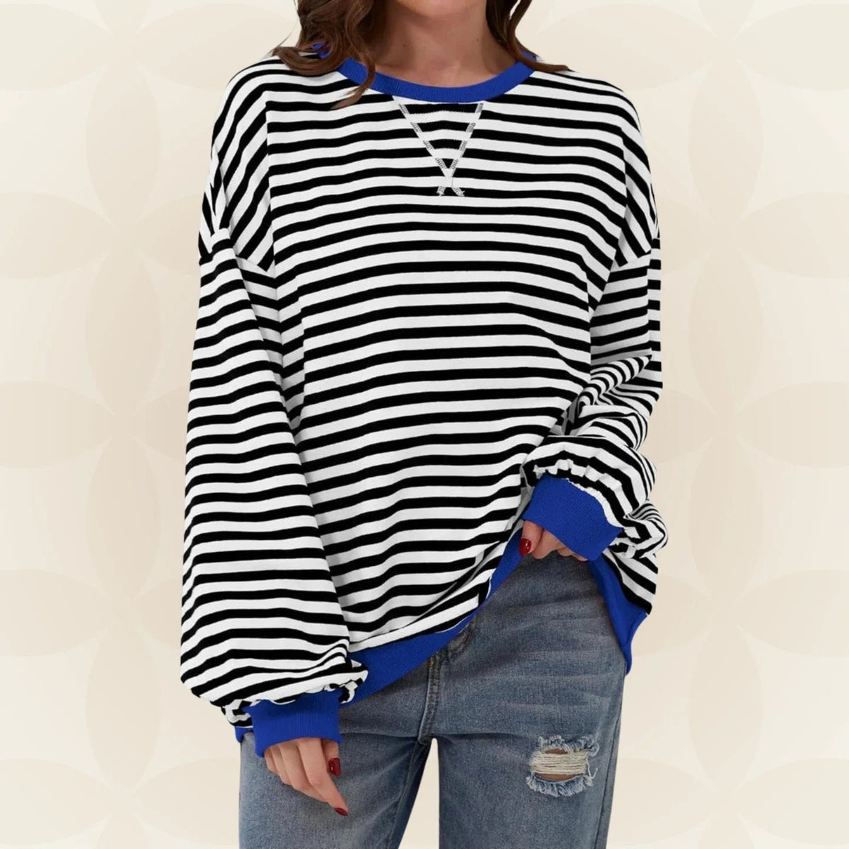 Striped Sweatshirt Women's Oversized Green Contrast Trim Crew Neck – Casual, Everyday