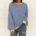 Striped Sweatshirt Women's Oversized Green Contrast Trim Crew Neck – Casual, Everyday