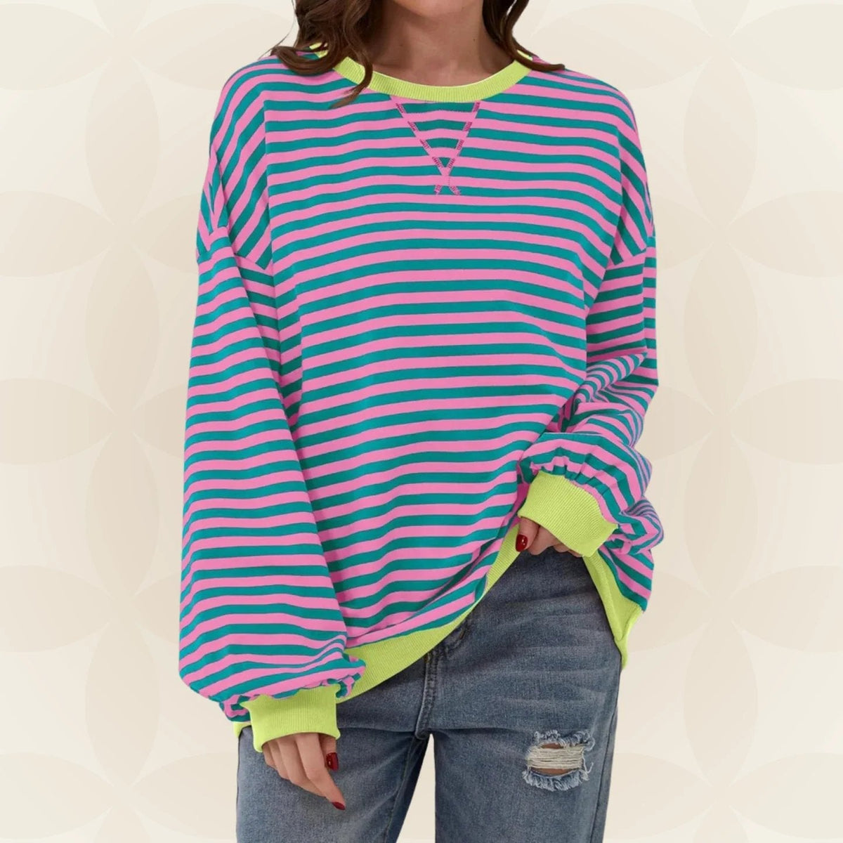 Striped Sweatshirt Women's Oversized Green Contrast Trim Crew Neck – Casual, Everyday