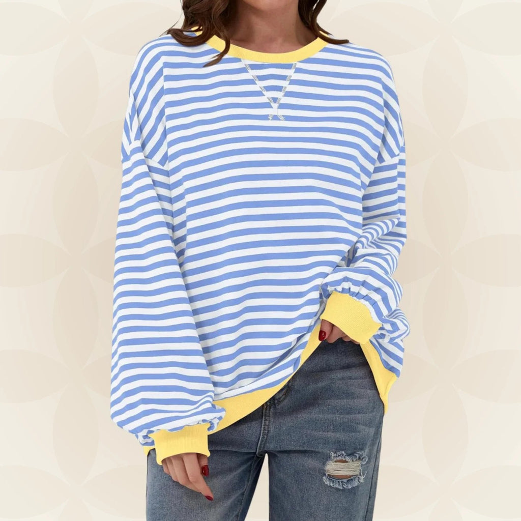Striped Sweatshirt Women's Oversized Green Contrast Trim Crew Neck – Casual, Everyday