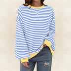Striped Sweatshirt Women's Oversized Green Contrast Trim Crew Neck – Casual, Everyday