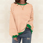 Striped Sweatshirt Women's Oversized Green Contrast Trim Crew Neck – Casual, Everyday