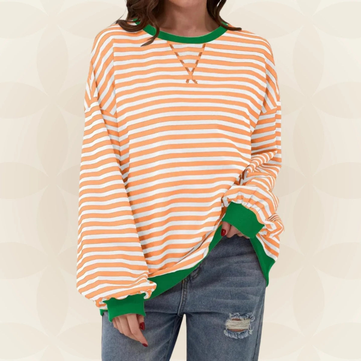 Striped Sweatshirt Women's Oversized Green Contrast Trim Crew Neck – Casual, Everyday