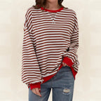 Striped Sweatshirt Women's Oversized Green Contrast Trim Crew Neck – Casual, Everyday