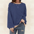 Striped Sweatshirt Women's Oversized Green Contrast Trim Crew Neck – Casual, Everyday