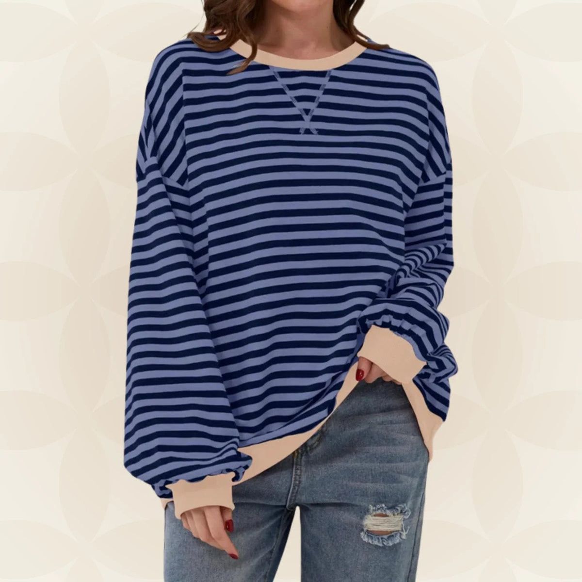 Striped Sweatshirt Women's Oversized Green Contrast Trim Crew Neck – Casual, Everyday
