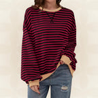 Striped Sweatshirt Women's Oversized Green Contrast Trim Crew Neck – Casual, Everyday