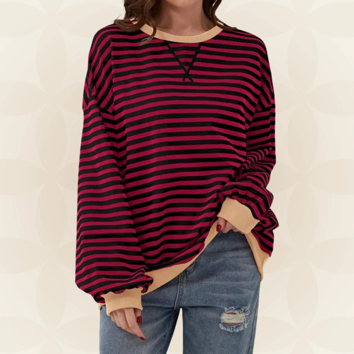Striped Sweatshirt Women's Oversized Green Contrast Trim Crew Neck – Casual, Everyday