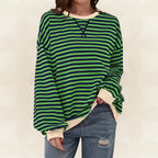 Striped Sweatshirt Women's Oversized Green Contrast Trim Crew Neck – Casual, Everyday