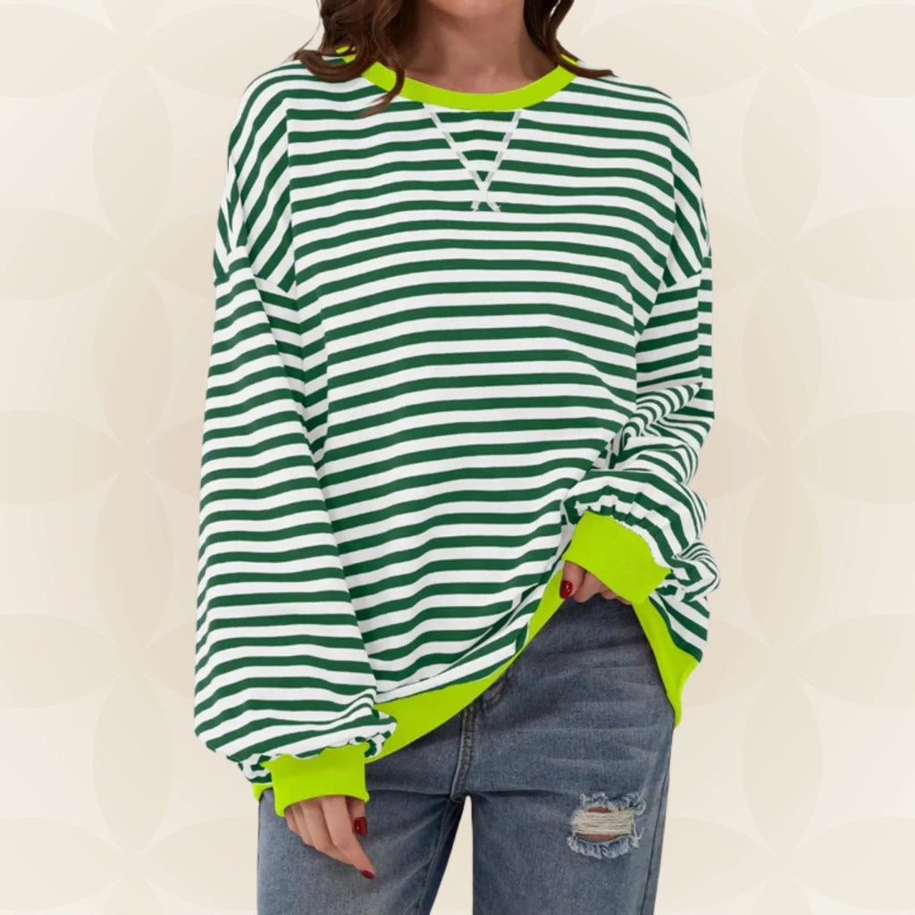 Striped Sweatshirt Women's Oversized Green Contrast Trim Crew Neck – Casual, Everyday