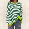 Striped Sweatshirt Women's Oversized Green Contrast Trim Crew Neck – Casual, Everyday