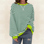 Striped Sweatshirt Women's Oversized Green Contrast Trim Crew Neck – Casual, Everyday
