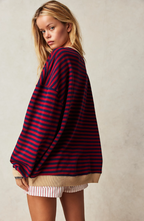 Striped Sweatshirt Women's Oversized Pink Green Contrast Trim Drop Shoulder – Casual, Everyday