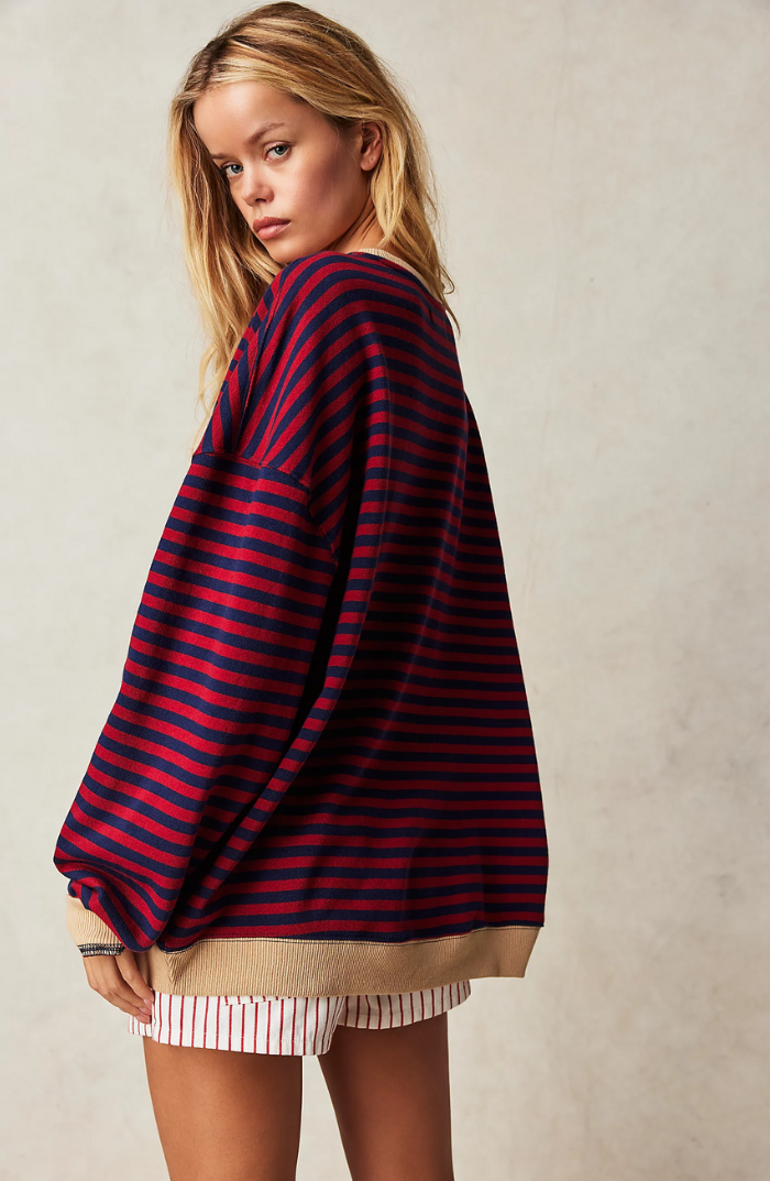 Striped Sweatshirt Women's Oversized Pink Green Contrast Trim Drop Shoulder – Casual, Everyday