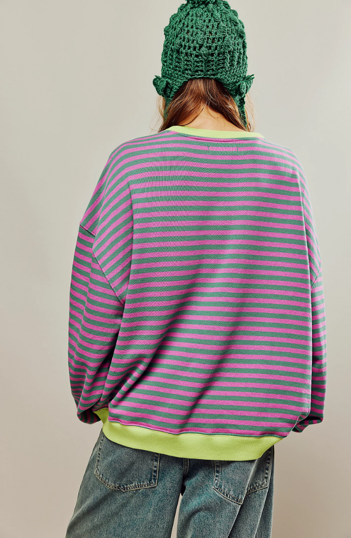 Striped Sweatshirt Women's Oversized Pink Green Contrast Trim Drop Shoulder – Casual, Everyday