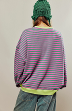 Striped Sweatshirt Women's Oversized Pink Green Contrast Trim Drop Shoulder – Casual, Everyday