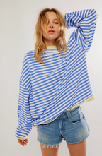 Striped Sweatshirt Women's Oversized Pink Green Contrast Trim Drop Shoulder – Casual, Everyday