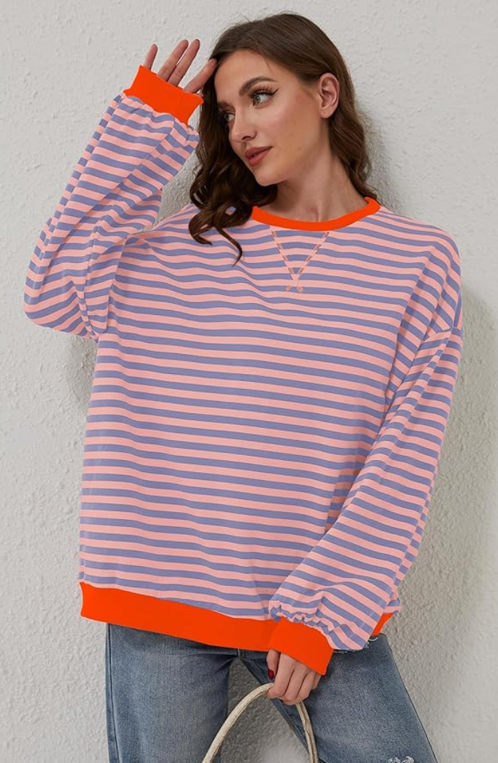 Striped Sweatshirt Women's Oversized Pink Green Contrast Trim Drop Shoulder – Casual, Everyday