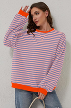 Striped Sweatshirt Women's Oversized Pink Green Contrast Trim Drop Shoulder – Casual, Everyday