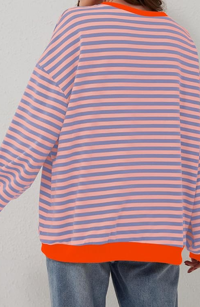 Striped Sweatshirt Women's Oversized Pink Green Contrast Trim Drop Shoulder – Casual, Everyday