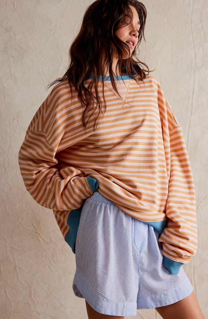 Striped Sweatshirt Women's Oversized Pink Green Contrast Trim Drop Shoulder – Casual, Everyday