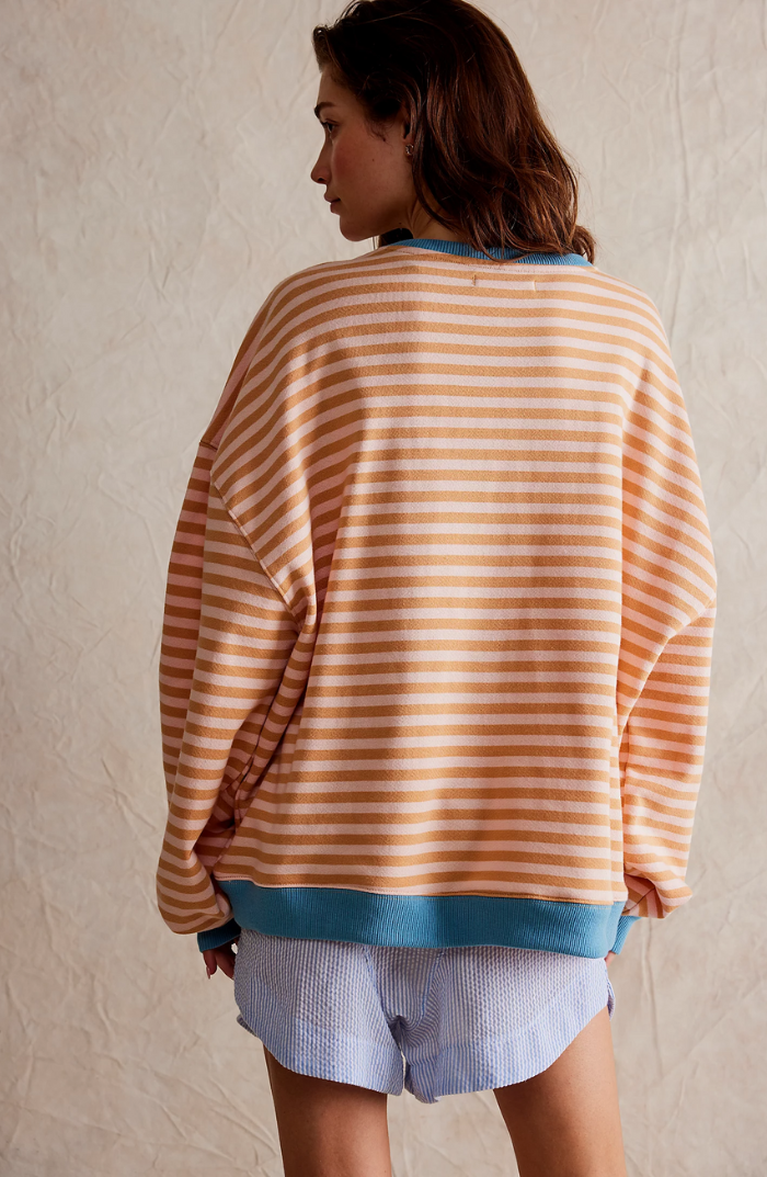 Striped Sweatshirt Women's Oversized Pink Green Contrast Trim Drop Shoulder – Casual, Everyday