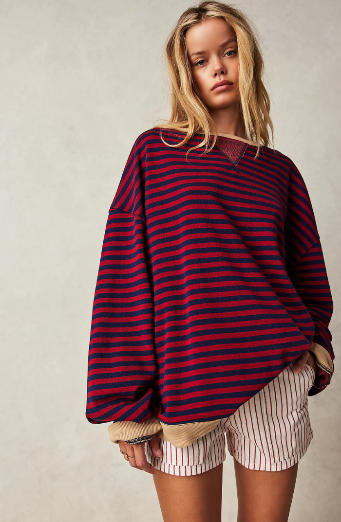Striped Sweatshirt Women's Oversized Pink Green Contrast Trim Drop Shoulder – Casual, Everyday