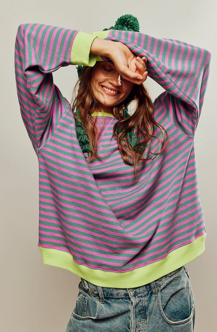 Striped Sweatshirt Women's Oversized Pink Green Contrast Trim Drop Shoulder – Casual, Everyday