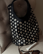Studded Hobo Shoulder Bag Black Faux Leather Silver Rivet Women's – Casual, Party, Gift, Everyday