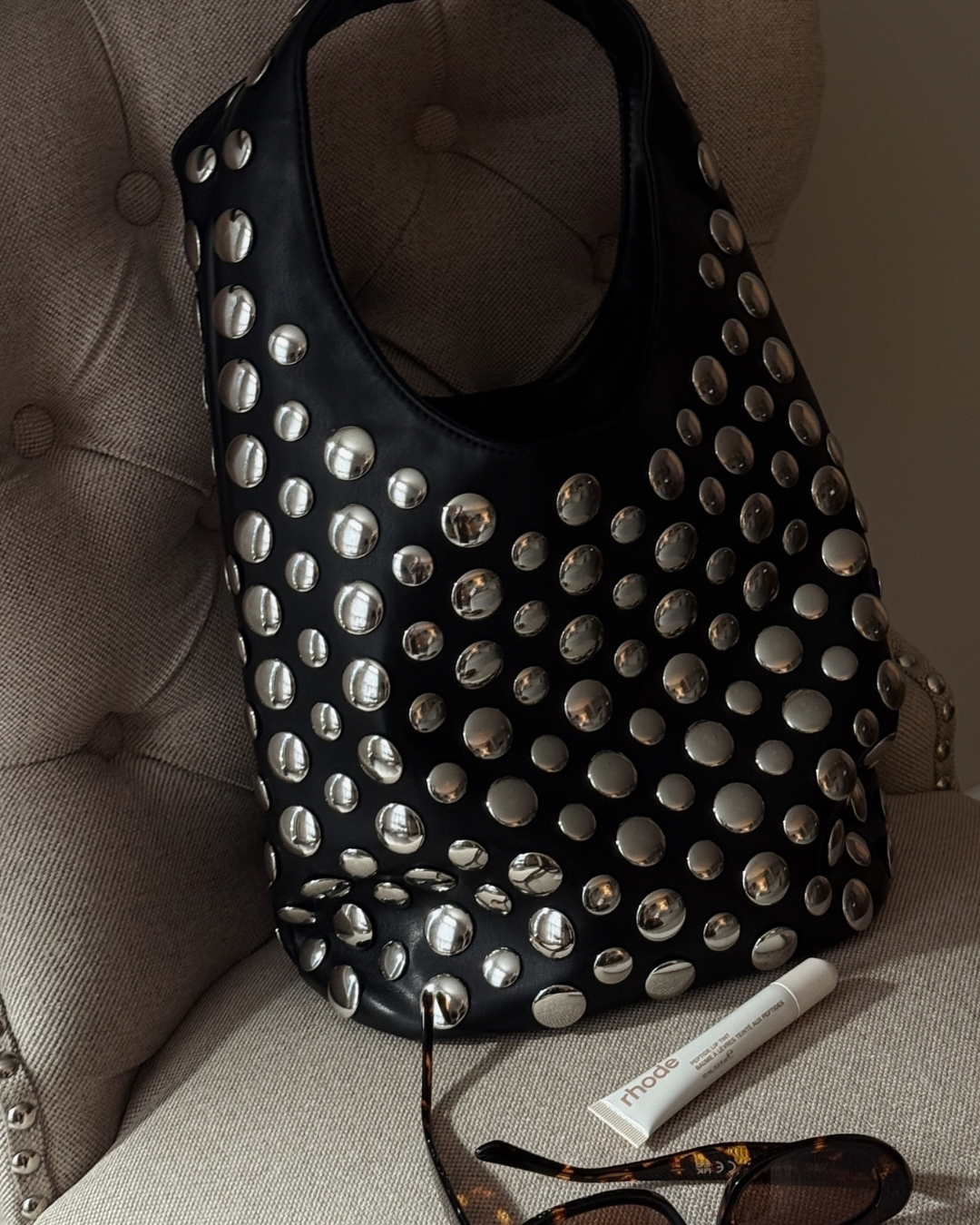 Studded Hobo Shoulder Bag Black Faux Leather Silver Rivet Women's – Casual, Party, Gift, Everyday