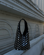 Studded Hobo Shoulder Bag Black Faux Leather Silver Rivet Women's – Casual, Party, Gift, Everyday