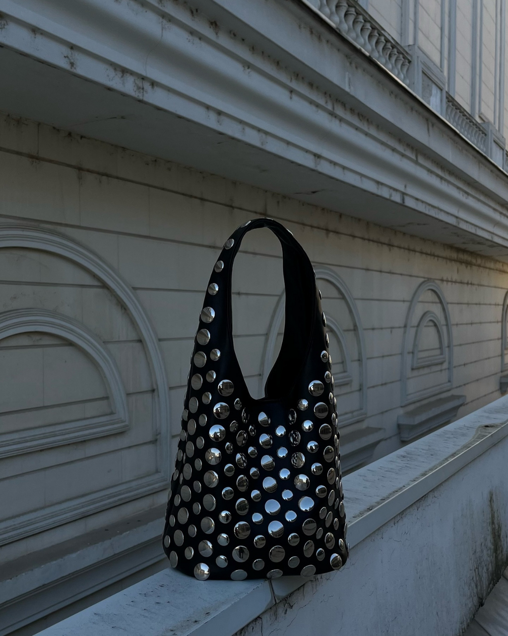Studded Hobo Shoulder Bag Black Faux Leather Silver Rivet Women's – Casual, Party, Gift, Everyday