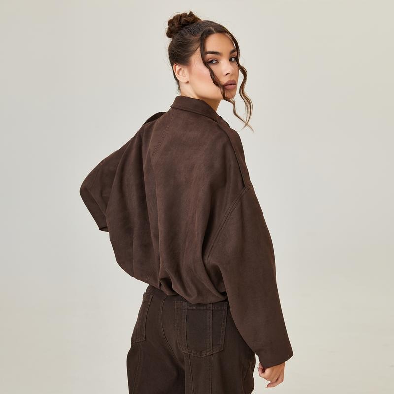 Suede Bomber Jacket Brown Oversized Women's Zip Front – Casual, Office, Holiday, Gift