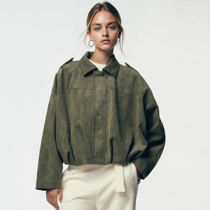 Suede Bomber Jacket Brown Oversized Women's Zip Front – Casual, Office, Holiday, Gift
