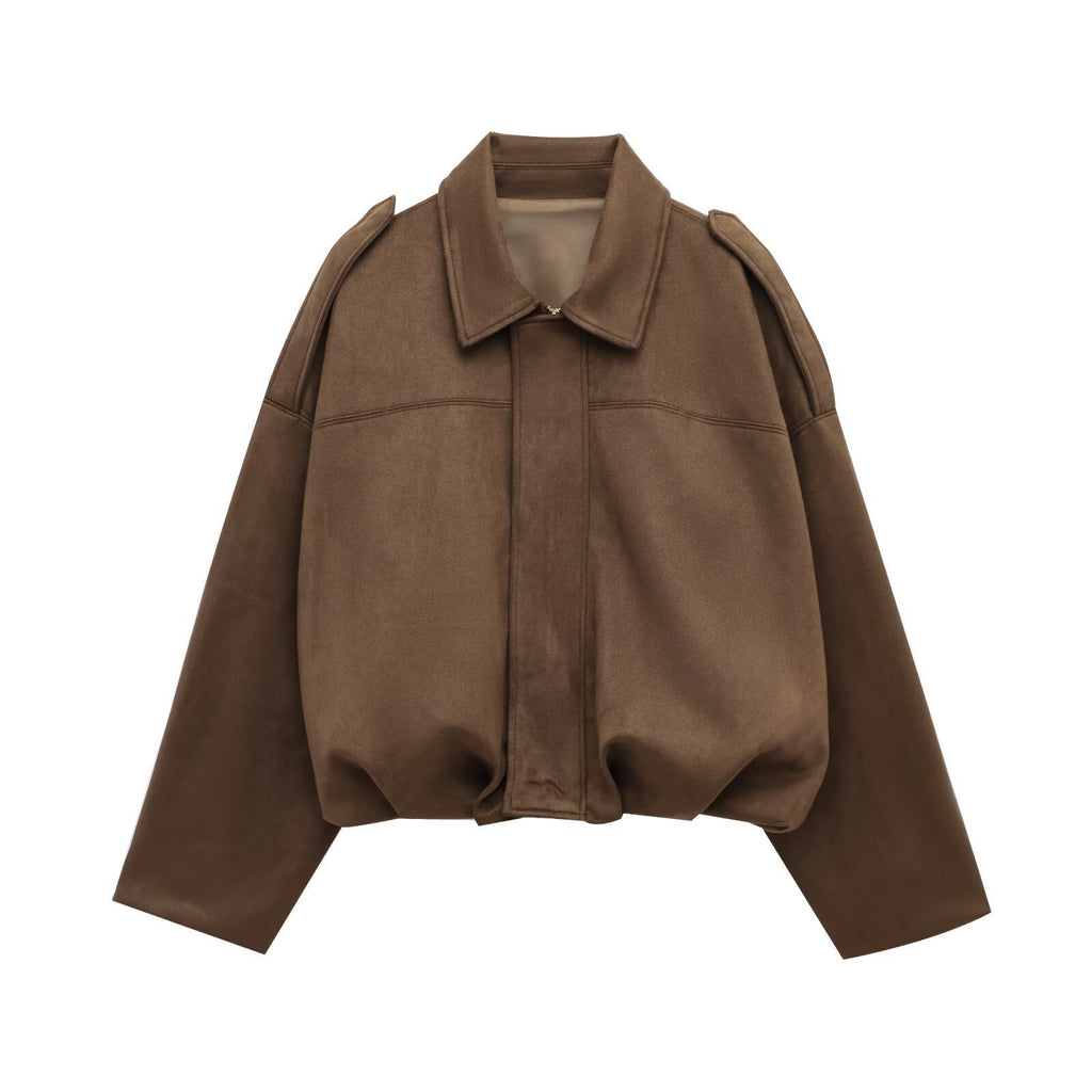Suede Bomber Jacket Brown Oversized Women's Zip Front – Casual, Office, Holiday, Gift