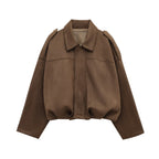 Suede Bomber Jacket Brown Oversized Women's Zip Front – Casual, Office, Holiday, Gift