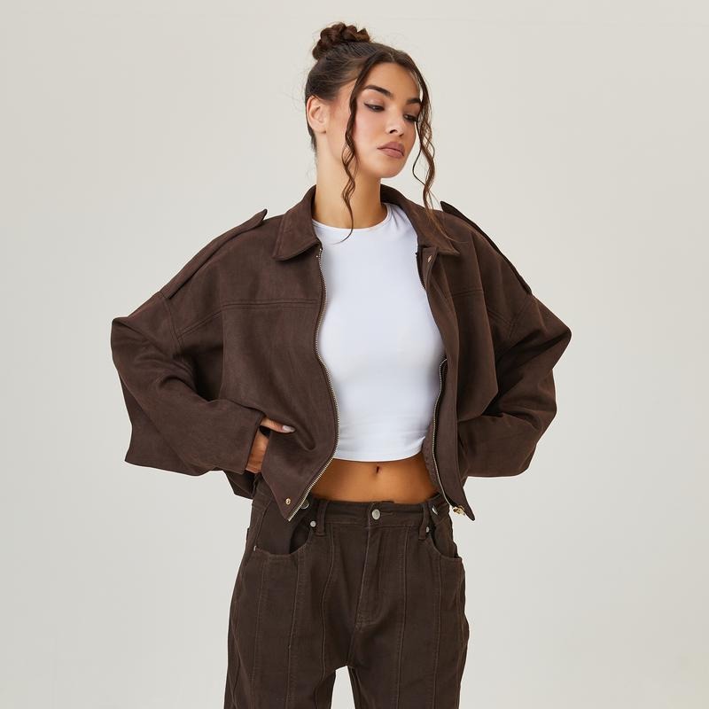 Suede Bomber Jacket Brown Oversized Women's Zip Front – Casual, Office, Holiday, Gift