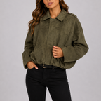 Suede Bomber Jacket Oversized Women's Olive Green – Casual, Autumn Layering Outerwear